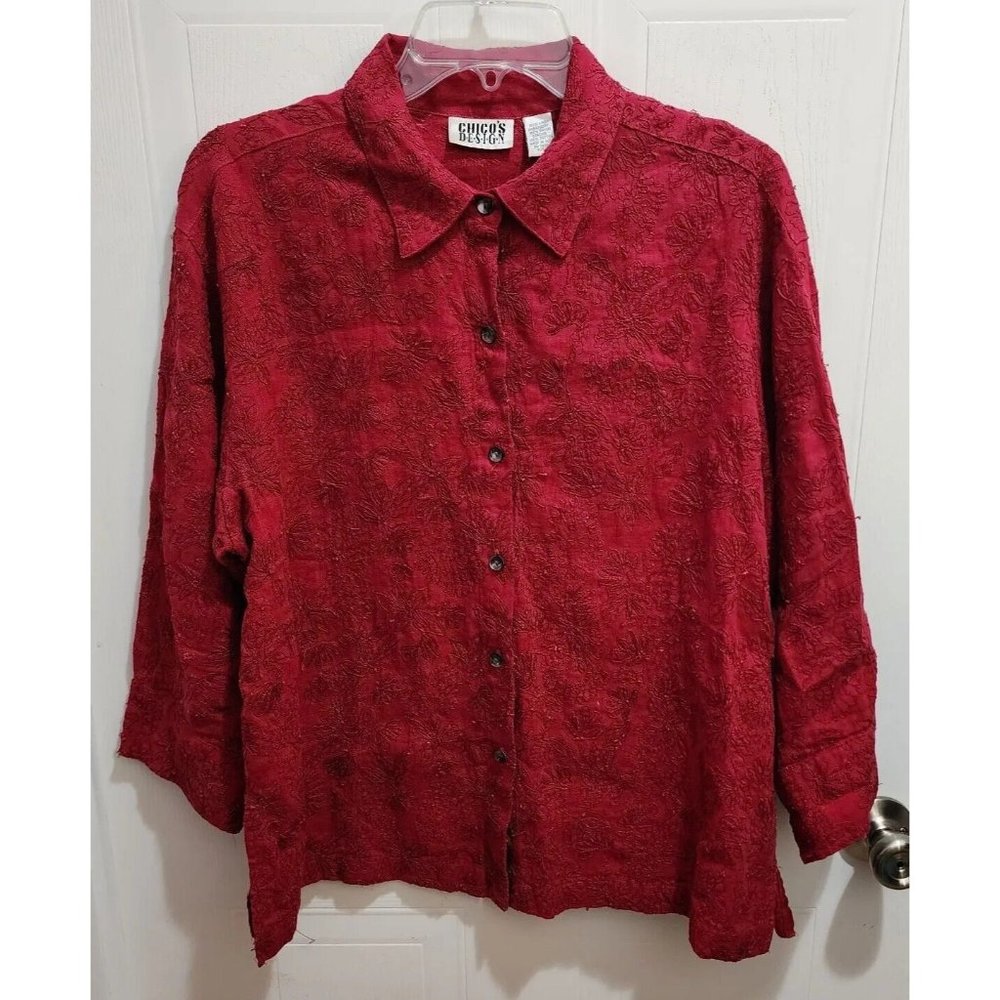 Chico's Design Women's Button Up Top Floral Embroidered Linen Red Size 1 (M)